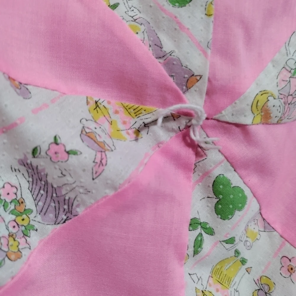 Vintage handmade child's quilt and matching pillow pink and print